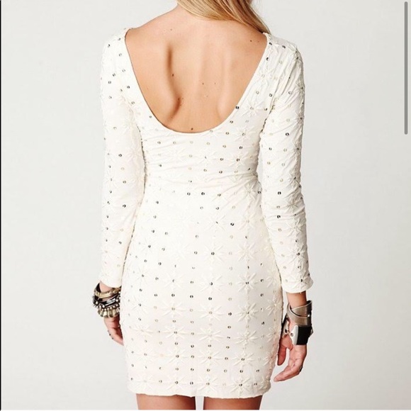 Free People Ivory Bodycon Dress Embroidered Flower Gold Sequins Long Sleeve - Picture 4 of 7